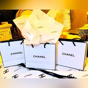 Three NEW Chanel White & Black Gift Bag Tissue Paper With Ribbon